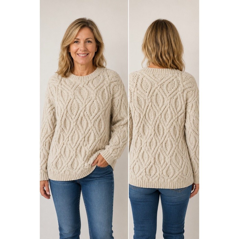 VTG Eddie Bauer Womens Cream chunky Cable Knit Cotton Sweater Crew Neck Sz S/P